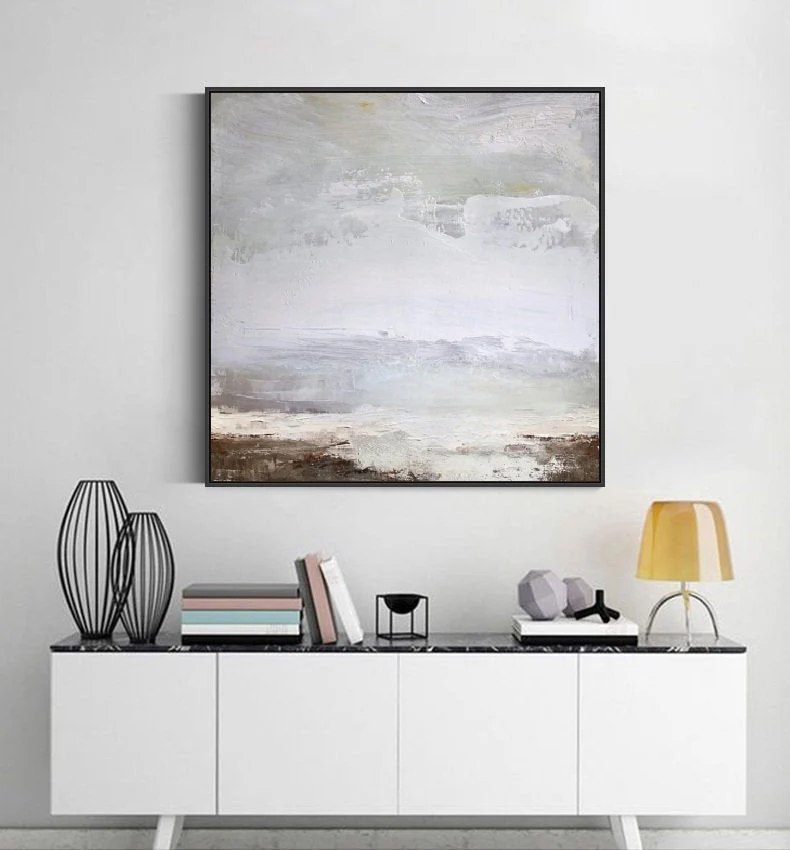 White Handmade Hand-painted Sky Neutral Landscape Abstract Canvas E8N9L